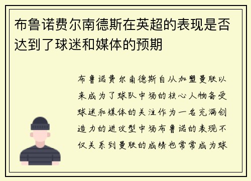 布鲁诺费尔南德斯在英超的表现是否达到了球迷和媒体的预期