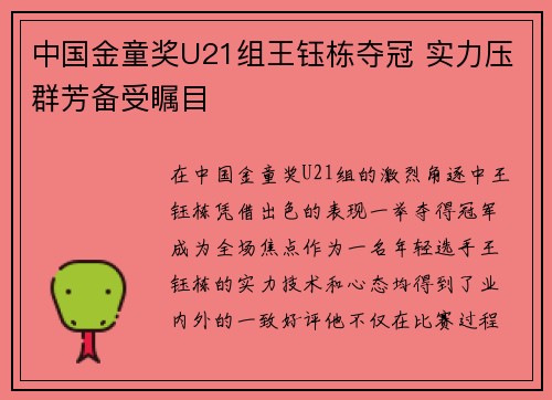 中国金童奖U21组王钰栋夺冠 实力压群芳备受瞩目