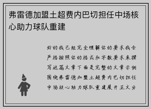 弗雷德加盟土超费内巴切担任中场核心助力球队重建